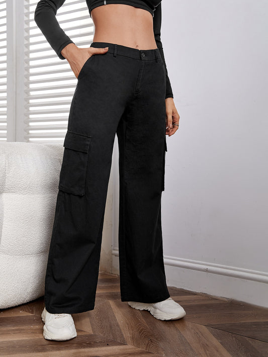 KATECLO New Women Cargo Flap Pocket Denim Cream Jeans Pant