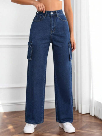 Women Beautiful & Comfortable Non Strachable Casual High-Waisted Cargo Jeans | 6 Pockets Denim Pants | Wide Leg Straight Trousers for Women Girls