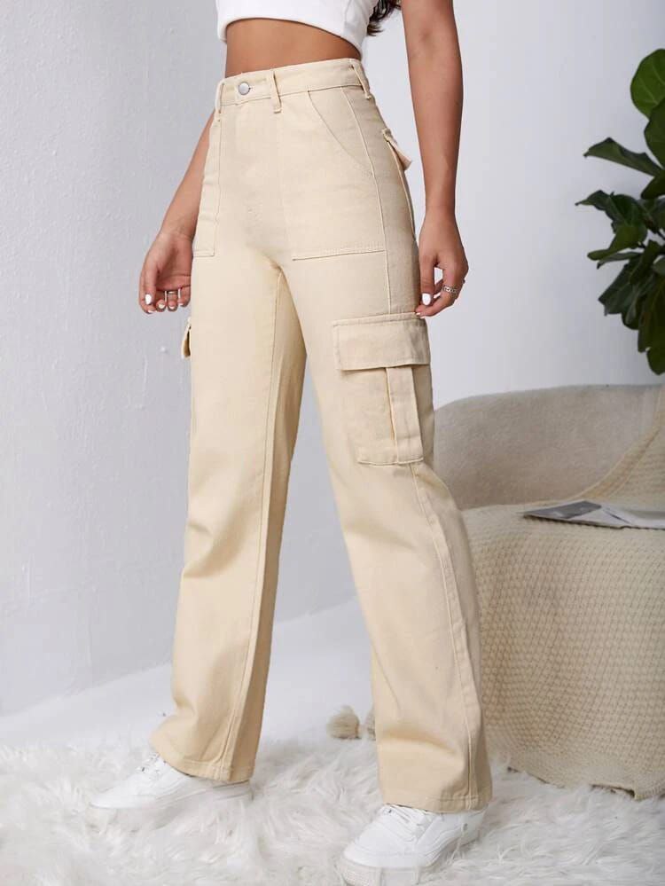 KATECLO Women Beautiful & Comfortable Non Strachable Casual High-Waisted Cargo Jeans with 6 Pockets Denim Pants Wide Leg Straight Trousers for Women Girls