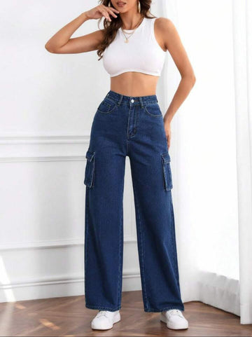 Women Beautiful & Comfortable Non Strachable Casual High-Waisted Cargo Jeans | 6 Pockets Denim Pants | Wide Leg Straight Trousers for Women Girls