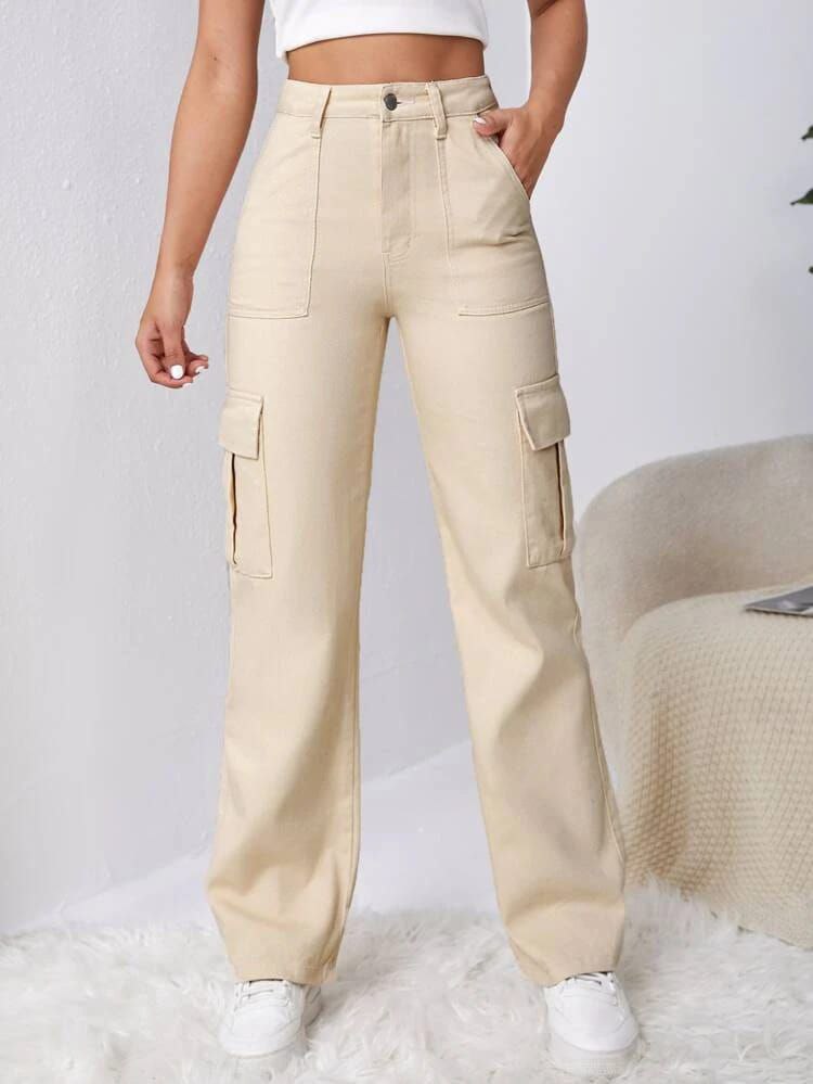 KATECLO Women Beautiful & Comfortable Non Strachable Casual High-Waisted Cargo Jeans with 6 Pockets Denim Pants Wide Leg Straight Trousers for Women Girls