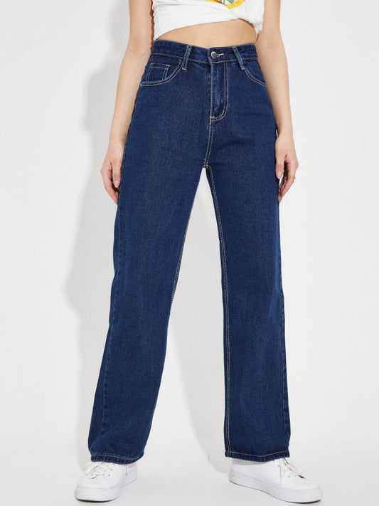 KATECLO High-Waist Wide-Leg Navy Blue Denim Jeans.Flattering Fit with Elegant Flowing Silhouette for a Modern, Chic Look.