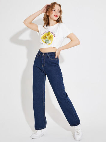 KATECLO High-Waist Wide-Leg Navy Blue Denim Jeans.Flattering Fit with Elegant Flowing Silhouette for a Modern, Chic Look.